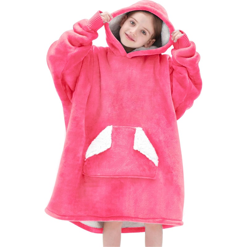 Touchat Wearable Blanket Hoodie, Oversized Sherpa Blanket Sweatshirt with Hood Pocket and Sleeves, Super Soft Warm Plush Hooded Blanket for Kids and Girls, One Size Fits All (Pink) - Image 1